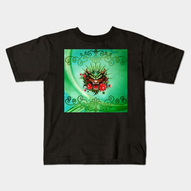 Wonderful colorful dragon head with flowers Kids T-Shirt by Nicky2342